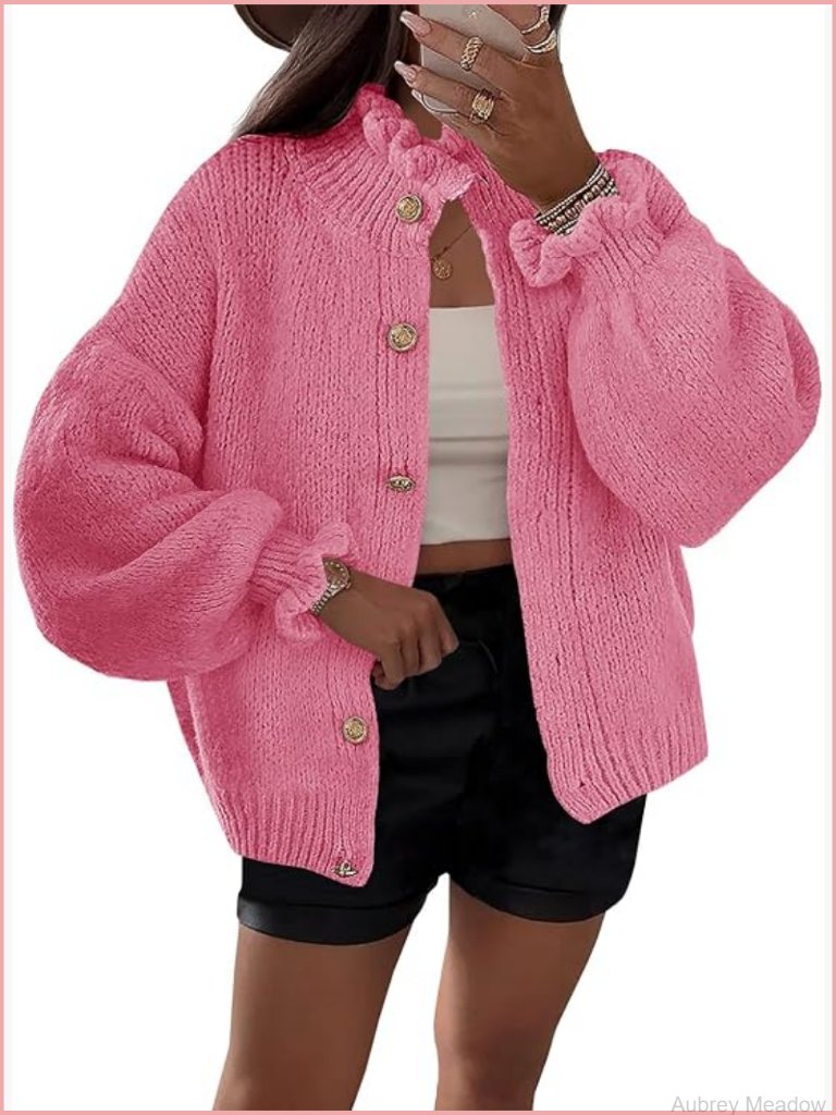 Oversized Ruffle Cardigan Button Up Knit Sweater Fall Trendy Open Front